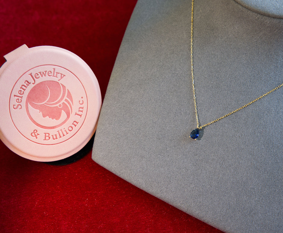 Selena Jewelry Bullion - Linderhof Sapphire Tone Mini Teardrop Pendant Necklace