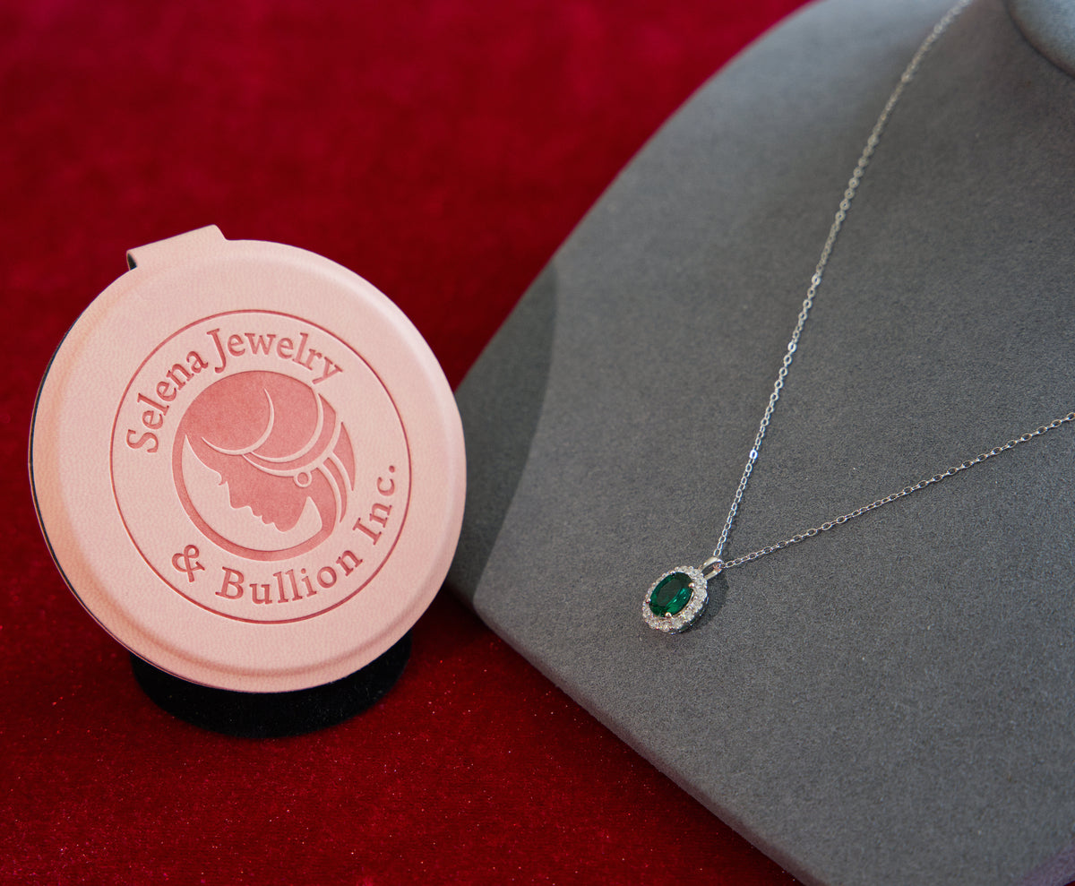 Selena Jewelry Bullion - Compiegne 1.5ct Lab Grown Emerald Oval Soft Floral Halo Pendant Necklace