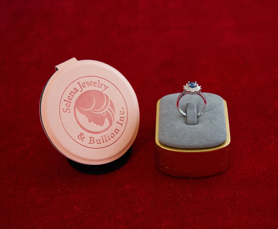 Selena Jewelry Bullion - Fontainebleau 1ct Lab Grown Royal Blue Sapphire Sunburst Halo Open Ring