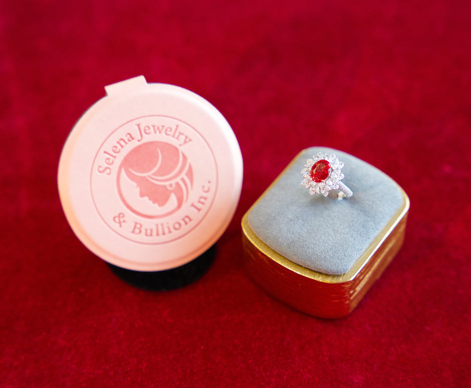 Selena Jewelry Bullion - Neuschwanstein 2 Carats Lab Grown Ruby Oval Floral Halo Ring