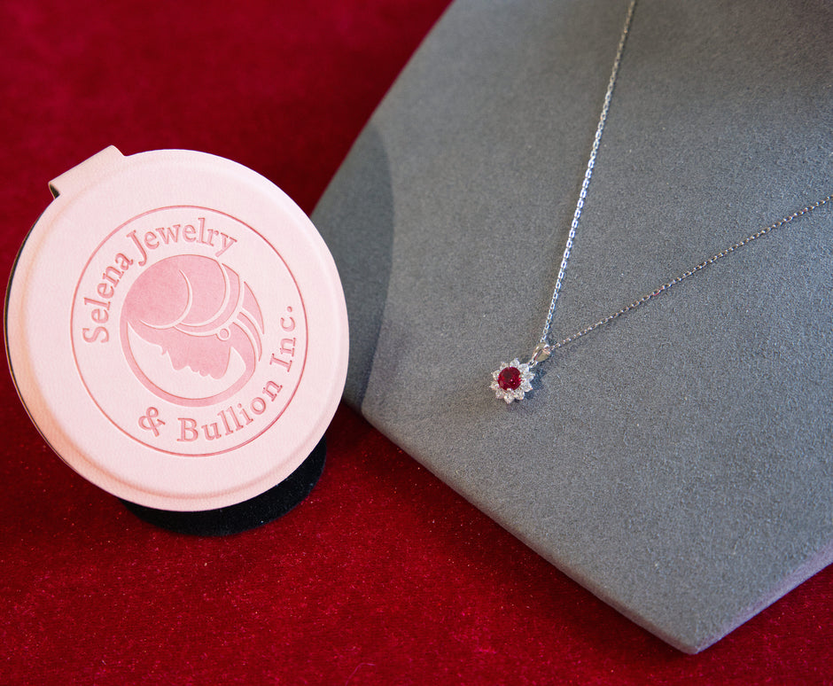 Selena Jewelry Bullion - Fontainebleau 0.5 Carat Lab Grown Ruby Round Sunburst Halo Pendant Necklace