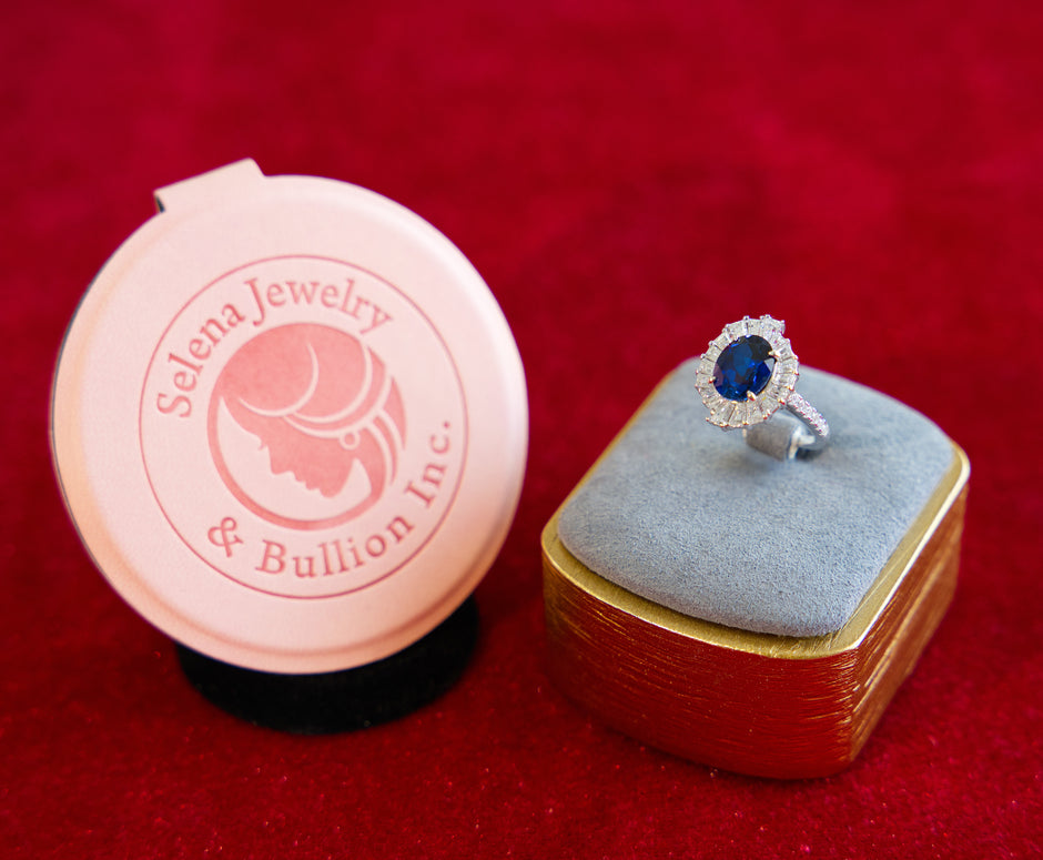 Selena Jewelry Bullion - Linderhof 3 cts Lab Grown Royal Blue Sapphire Oval Sunburst Halo Ring