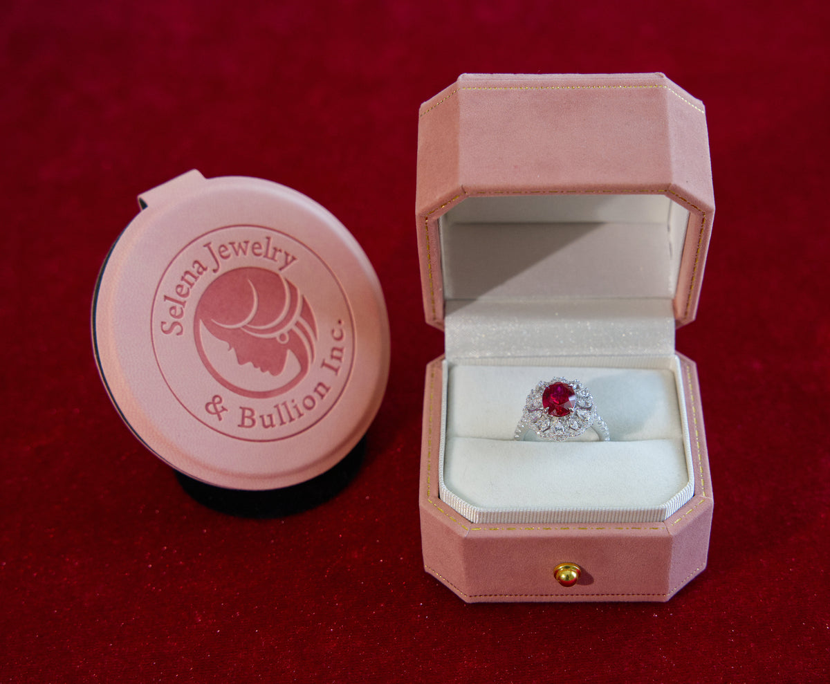 Selena Jewelry Bullion - Hofburg 2cts Lab Grown Ruby Oval Floral Halo Ring