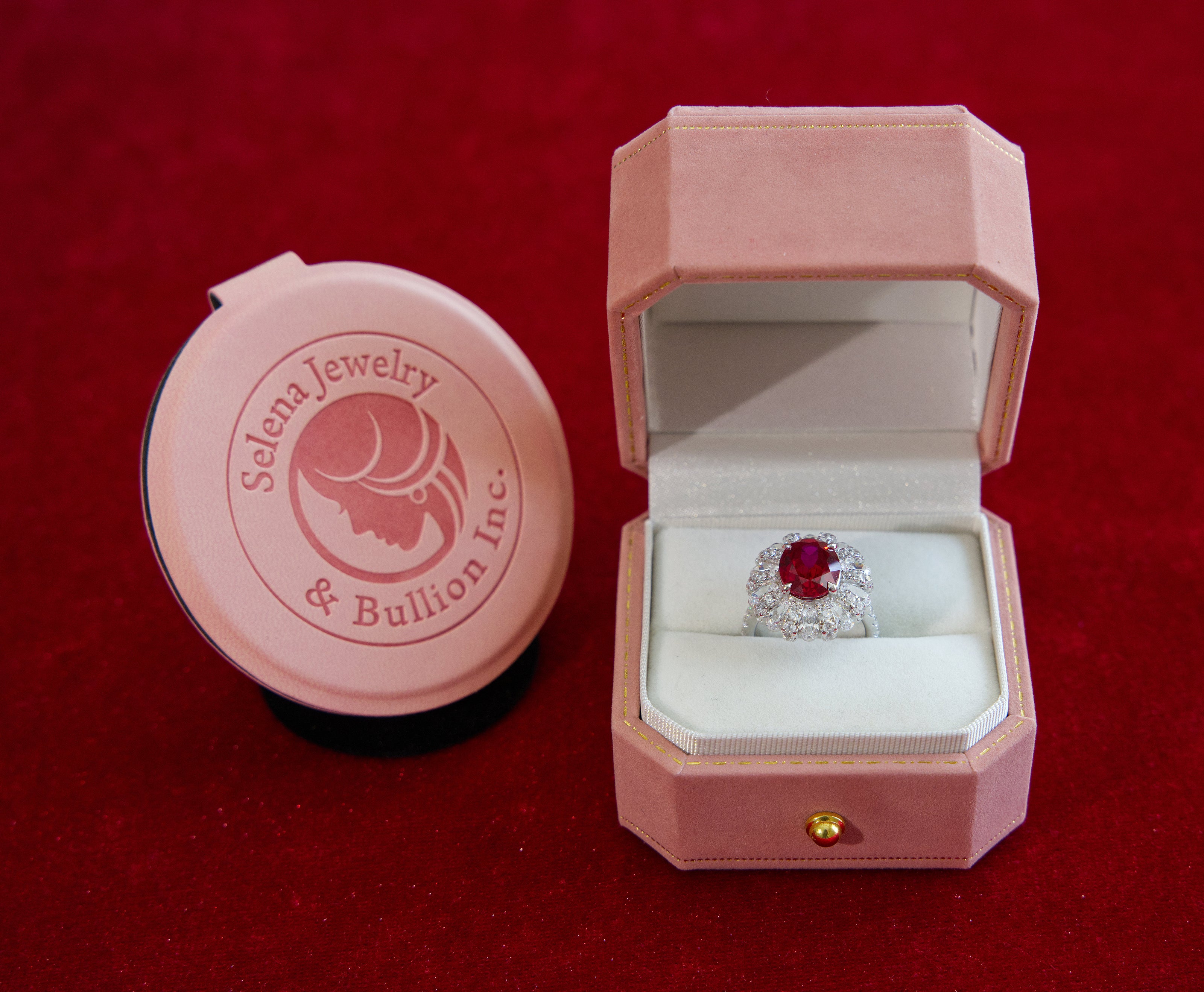 Selena Jewelry Bullion - Hofburg 5cts Lab Grown Ruby Oval Floral Bloom Halo Ring