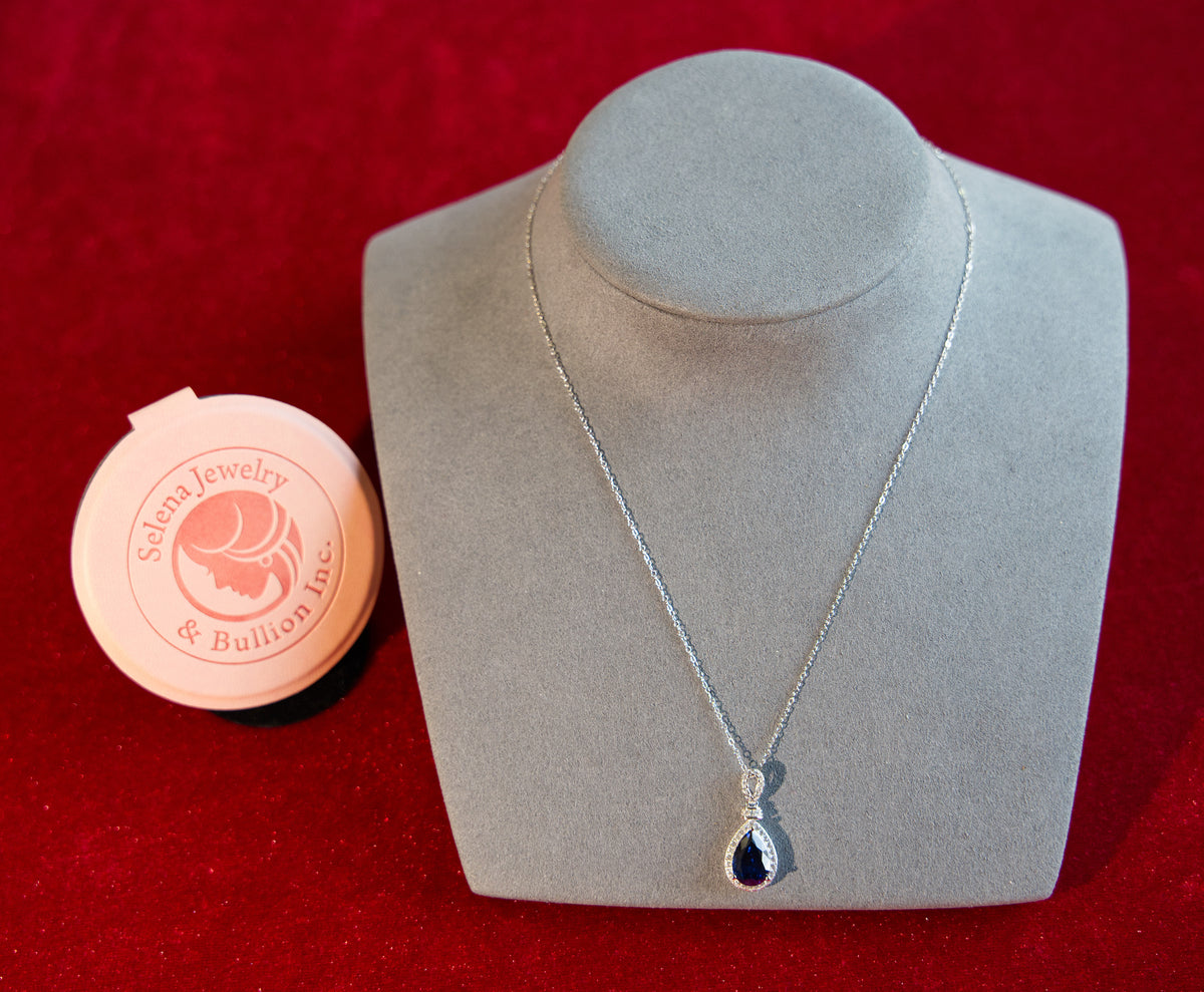 Selena Jewelry Bullion - Chambord 3.5cts Lab Grown Royal Blue Sapphire Pear Soft Floral Halo Pendant Necklace