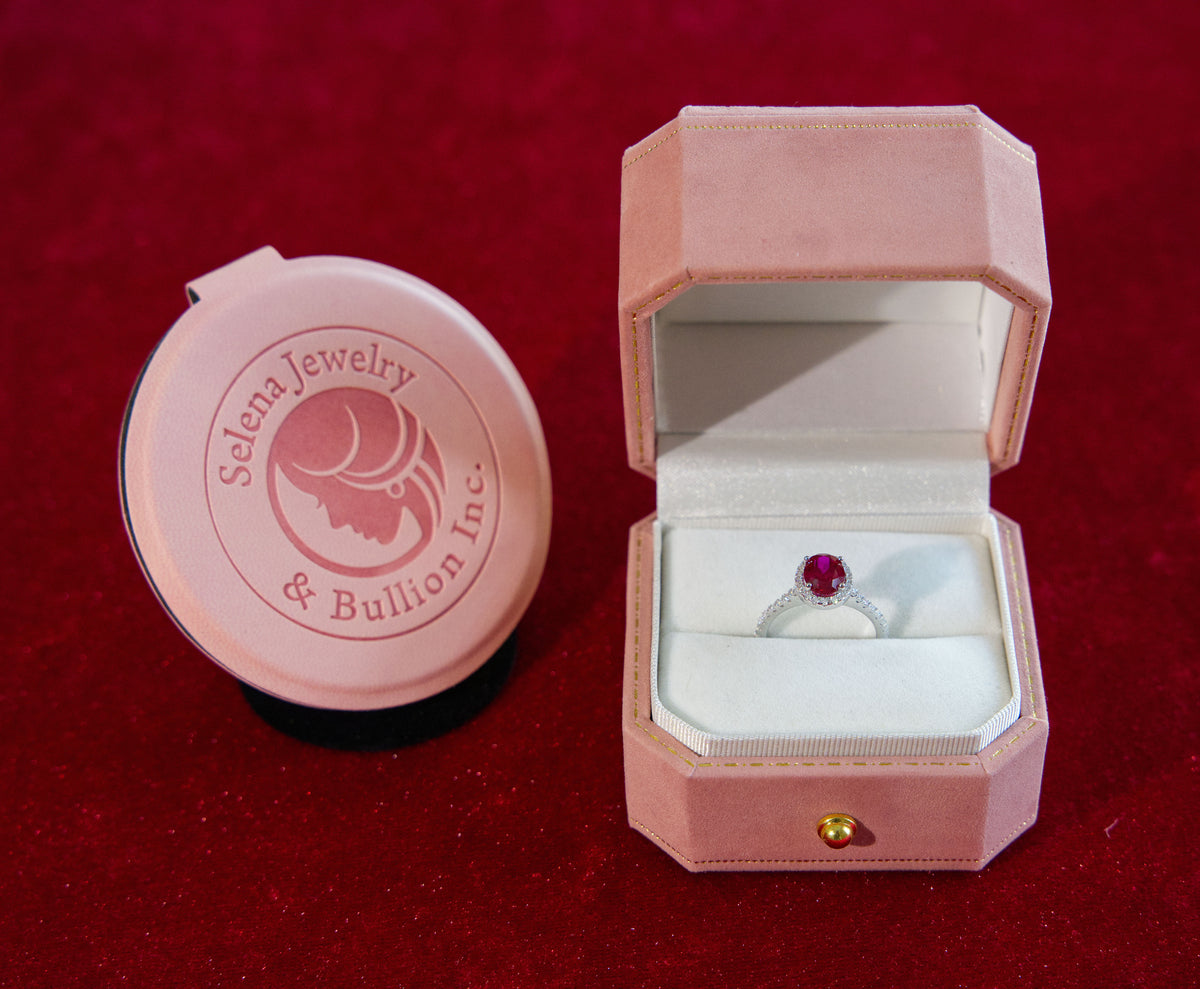 Selena Jewelry Bullion - Compiegne 1.5ct Oval Lab Grown Ruby Halo Pave Band Ring