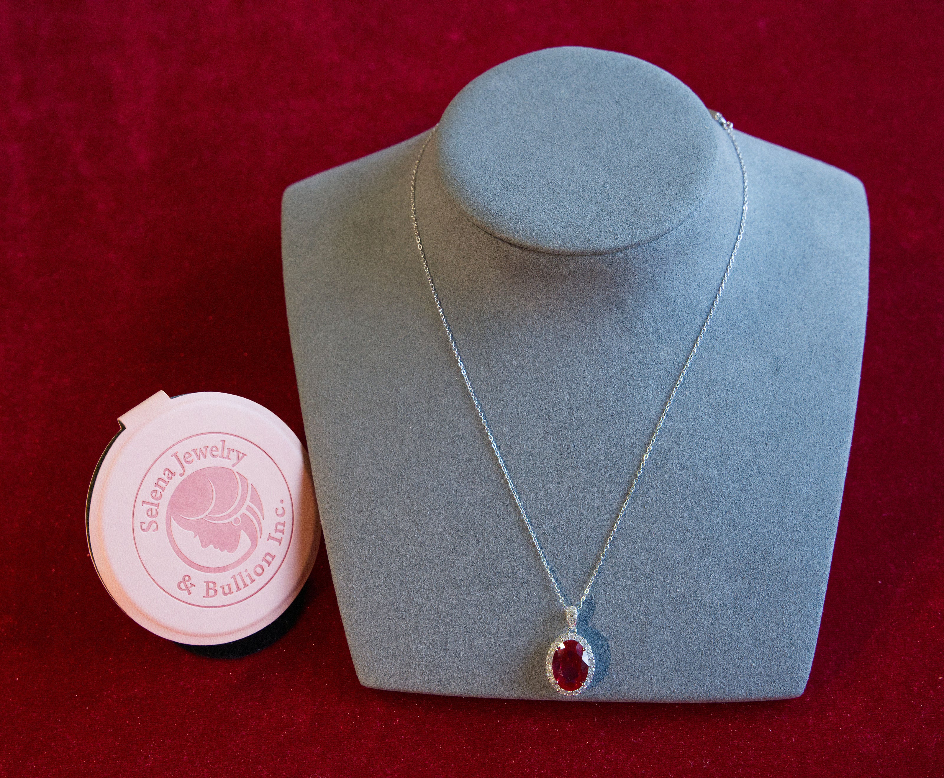 Selena Jewelry Bullion - Chambord 8 Carats Lab Grown Ruby Oval Milgrain Halo Pendant Necklace