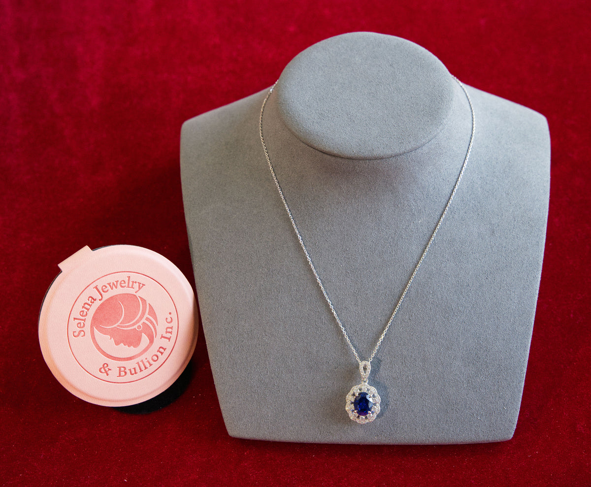 Selena Jewelry Bullion - Versailles 3 Carats Lab Grown Royal Blue Sapphire Oval Halo Pendant Necklace