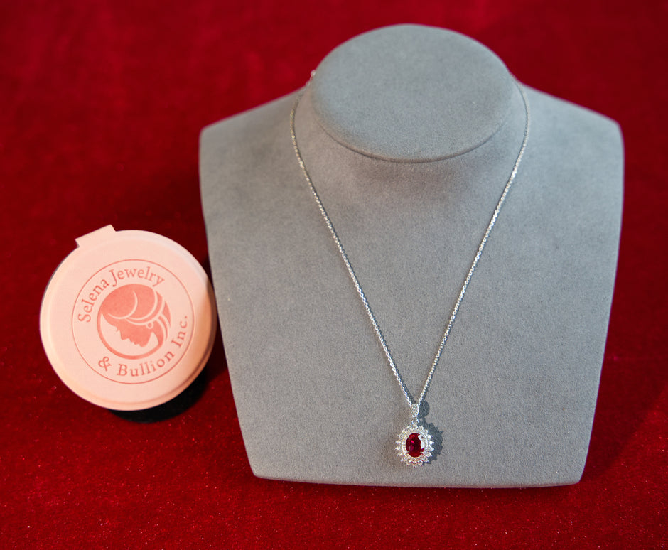 Selena Jewelry Bullion - Fontainebleau 2cts Lab Grown Ruby Oval Sunburst Halo Pendant Necklace