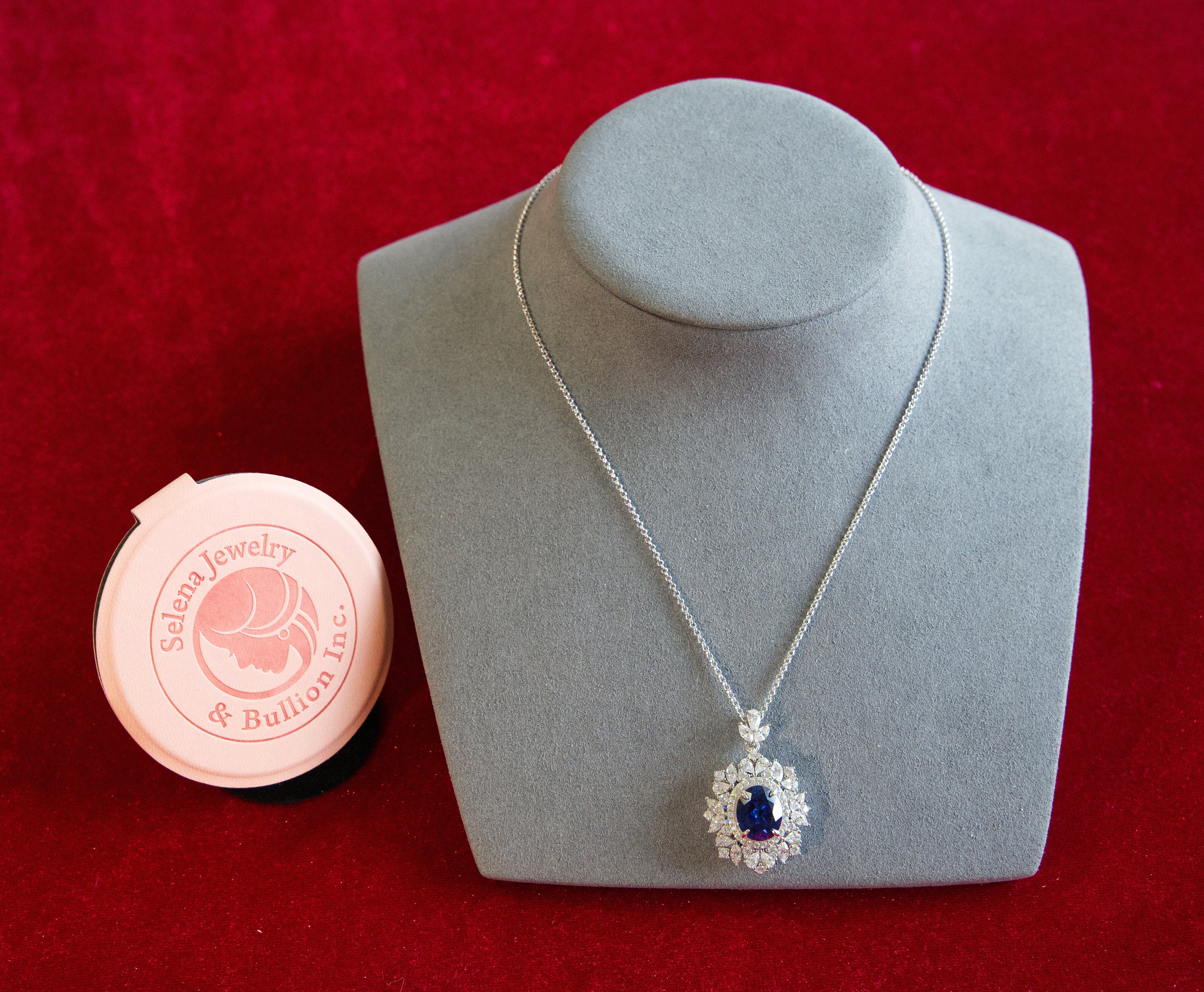 Selena Jewelry Bullion - Neuschwanstein 6 Carats Lab Grown Royal Blue Sapphire Floral Halo Pendant Necklace