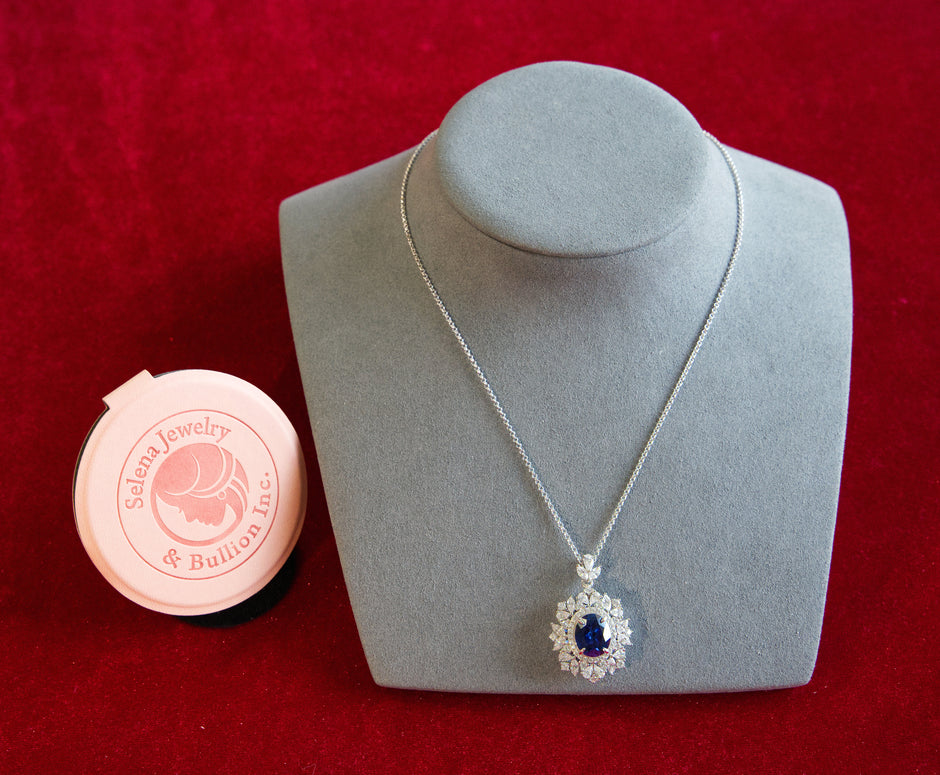 Selena Jewelry Bullion - Neuschwanstein 6 Carats Lab Grown Royal Blue Sapphire Floral Halo Pendant Necklace
