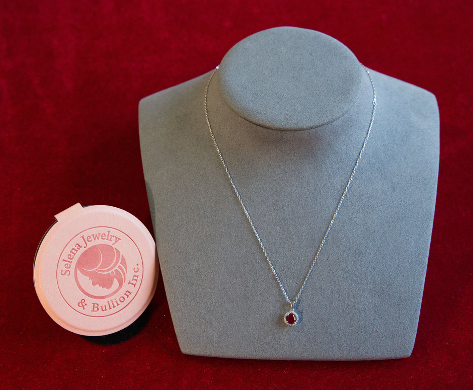 Selena Jewelry Bullion - Chambord 1.5 Carats Lab Grown Ruby Round Milgrain Halo Pendant Necklace