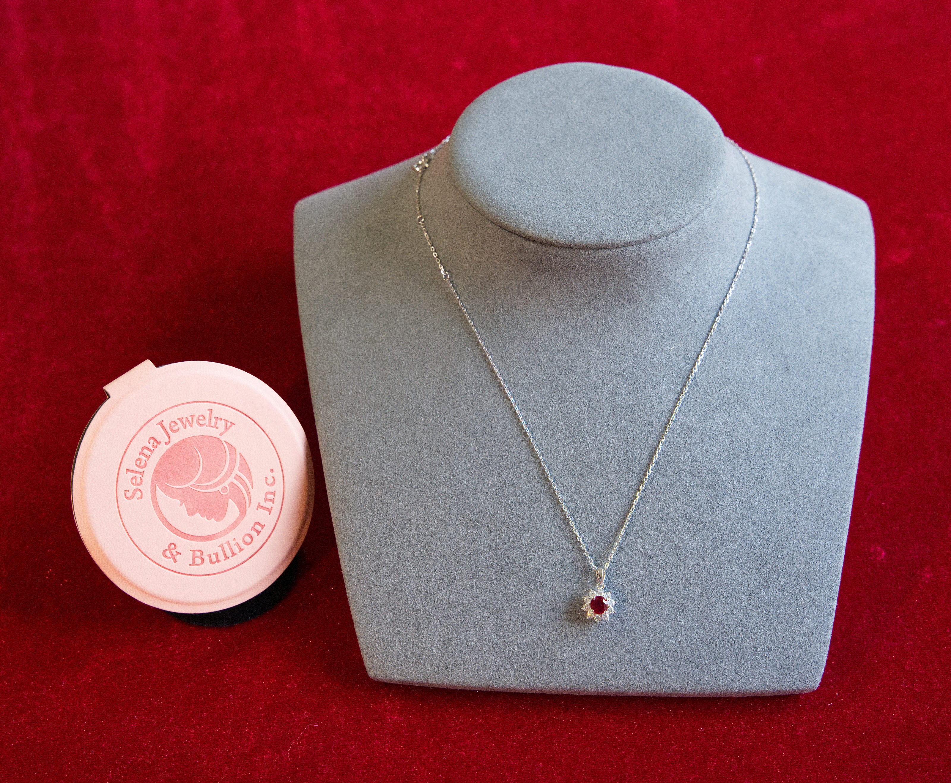 Selena Jewelry Bullion - Fontainebleau 0.5 Carat Lab Grown Ruby Round Sunburst Halo Pendant Necklace