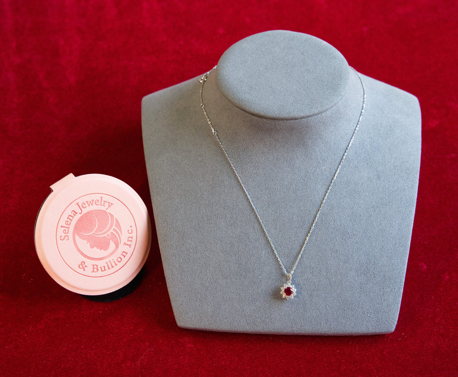 Selena Jewelry Bullion - Fontainebleau 0.5 Carat Lab Grown Ruby Round Sunburst Halo Pendant Necklace
