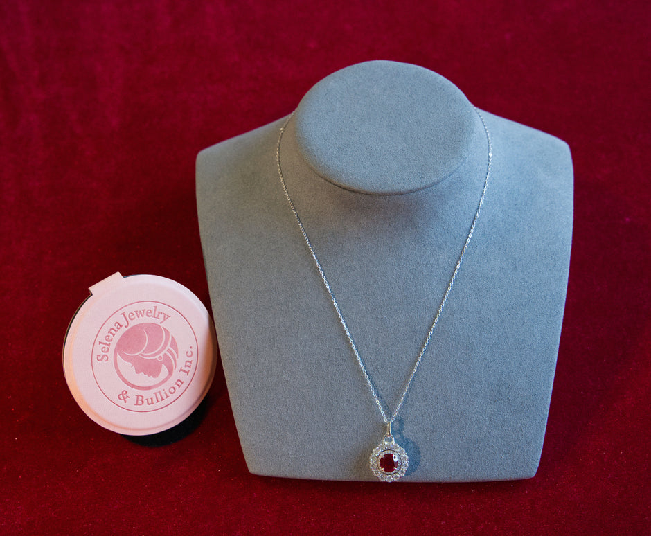 Selena Jewelry Bullion - Compiegne 2 Carats Lab Grown Ruby Round Floral Halo Pendant Necklace