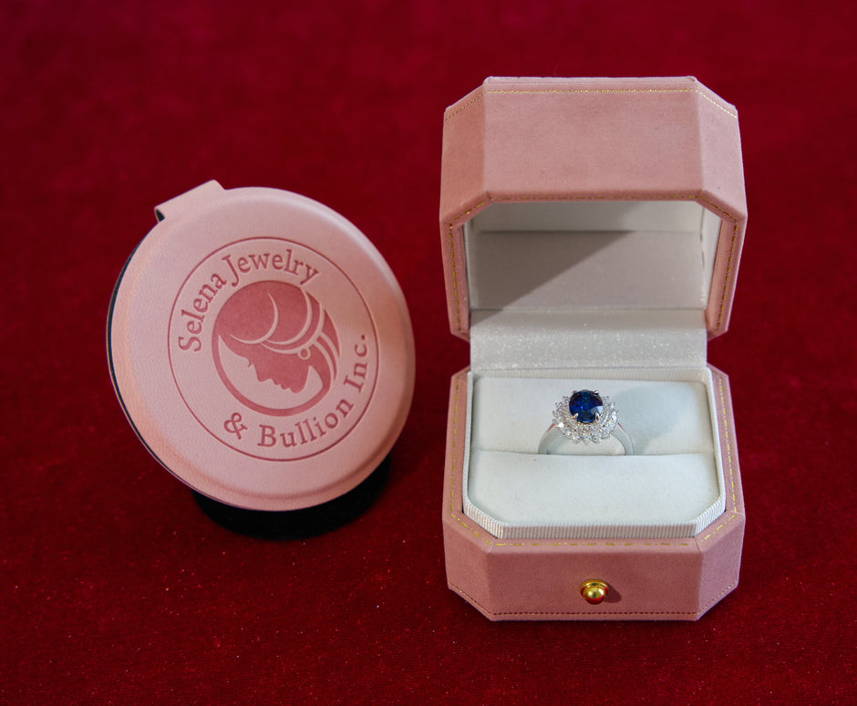 Selena Jewelry Bullion - Fontainebleau 2cts Lab Grown Royal Blue Sapphire Oval Sunburst Halo Ring