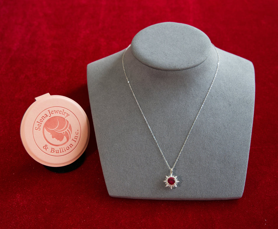 Selena Jewelry Bullion - Fontainebleau 2.2cts Lab Grown Ruby Round Sunburst Halo Pendant Necklace