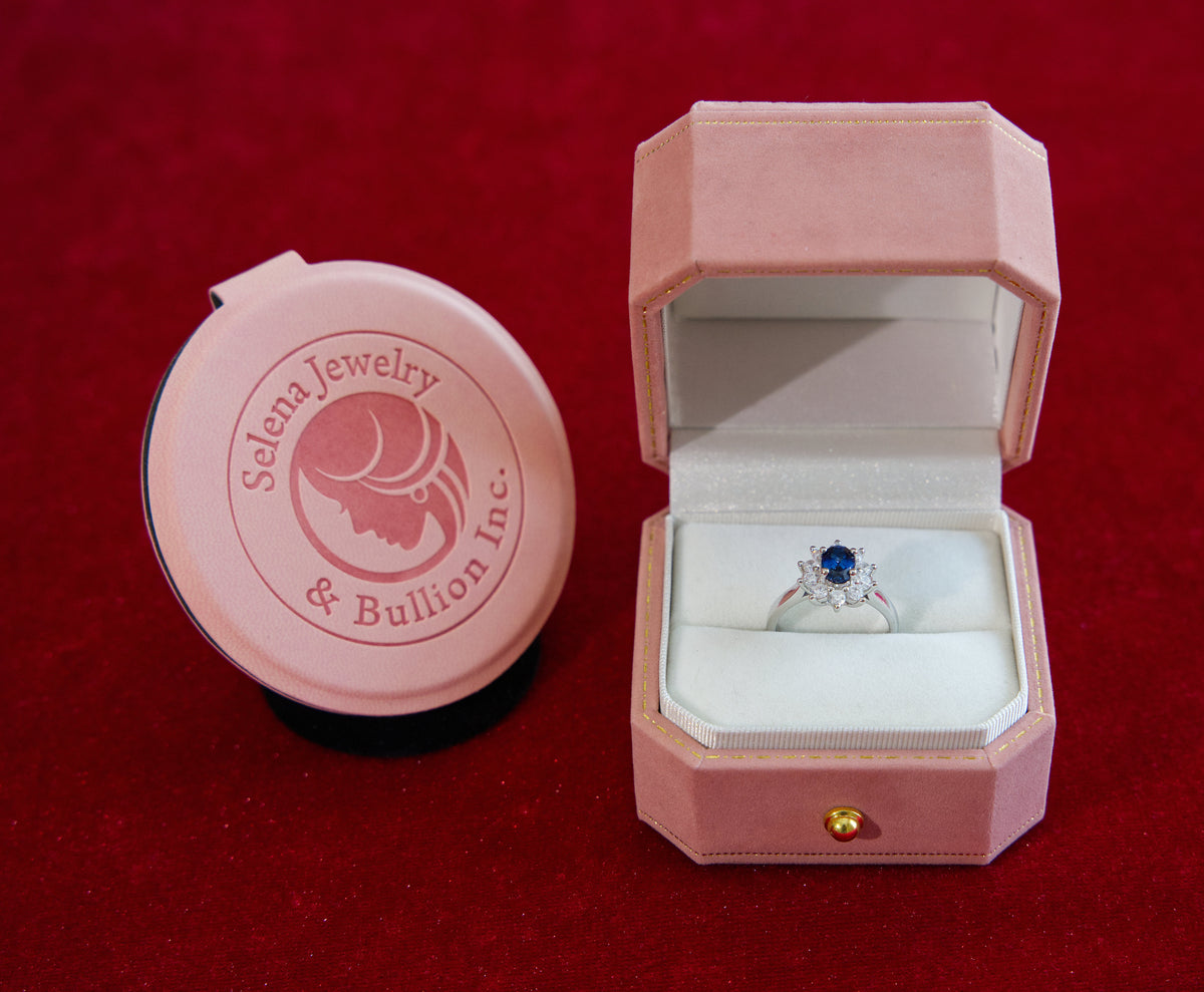 Selena Jewelry Bullion - Fontainebleau 1ct Lab Grown Royal Blue Sapphire Sunburst Halo Open Ring