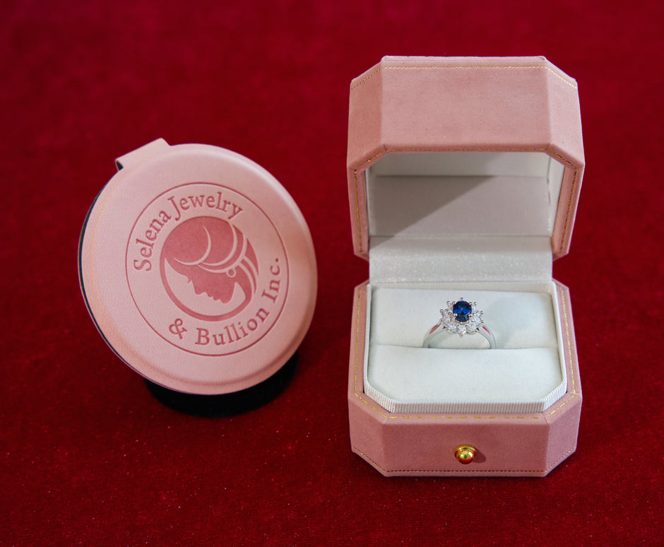Selena Jewelry Bullion - Fontainebleau 1ct Lab Grown Royal Blue Sapphire Sunburst Halo Open Ring