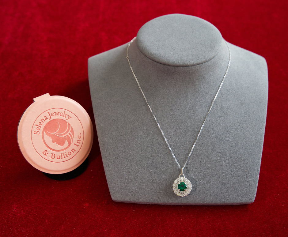 Selena Jewelry Bullion - Compiegne 1.5ct Lab Grown Vivid Green Emerald Round Floral Halo Pendant Necklace