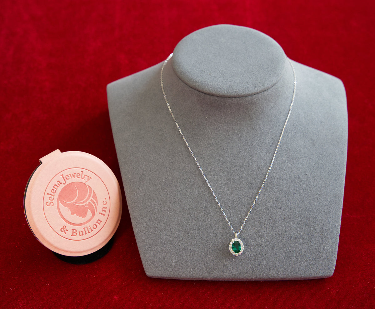 Selena Jewelry Bullion - Compiegne 1.5ct Lab Grown Emerald Oval Soft Floral Halo Pendant Necklace
