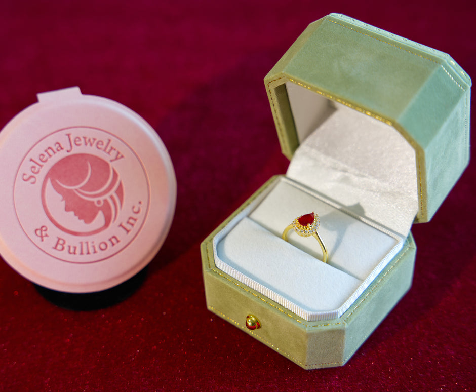 Selena Jewelry Bullion - Hofburg Ruby Tone Pear Cut Halo Ring