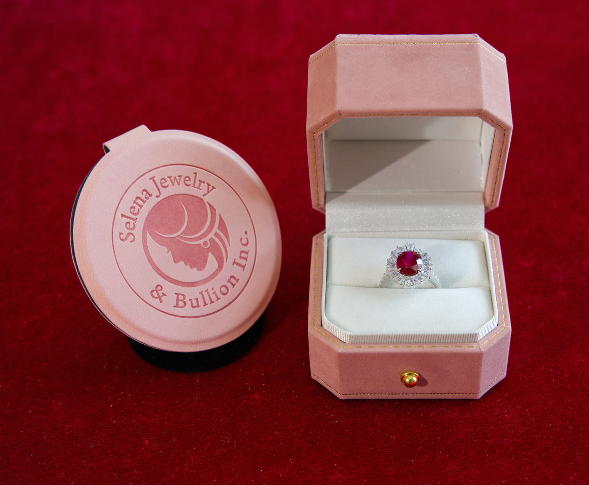 Selena Jewelry Bullion - Linderhof 3cts Lab Grown Ruby Oval Sunburst Halo Ring