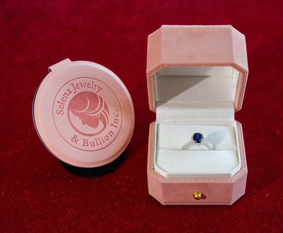 Selena Jewelry Bullion - Compiegne 1.5ct Oval Lab Grown Royal Blue Sapphire Halo Pave Band Ring
