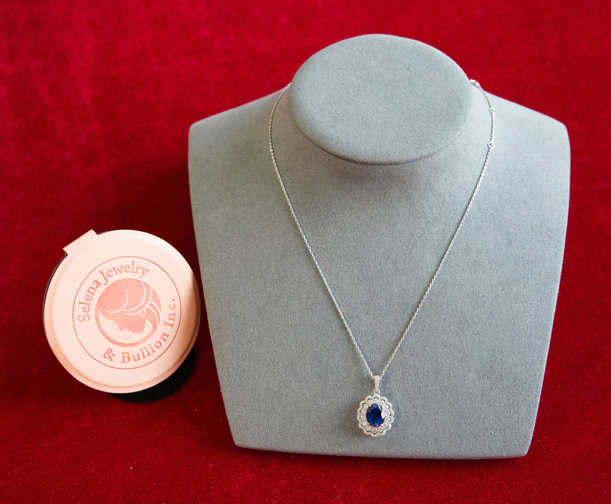 Selena Jewelry Bullion - Compiegne 2 Carats Lab Grown Royal Blue Sapphire Oval Floral Halo Pendant Necklace