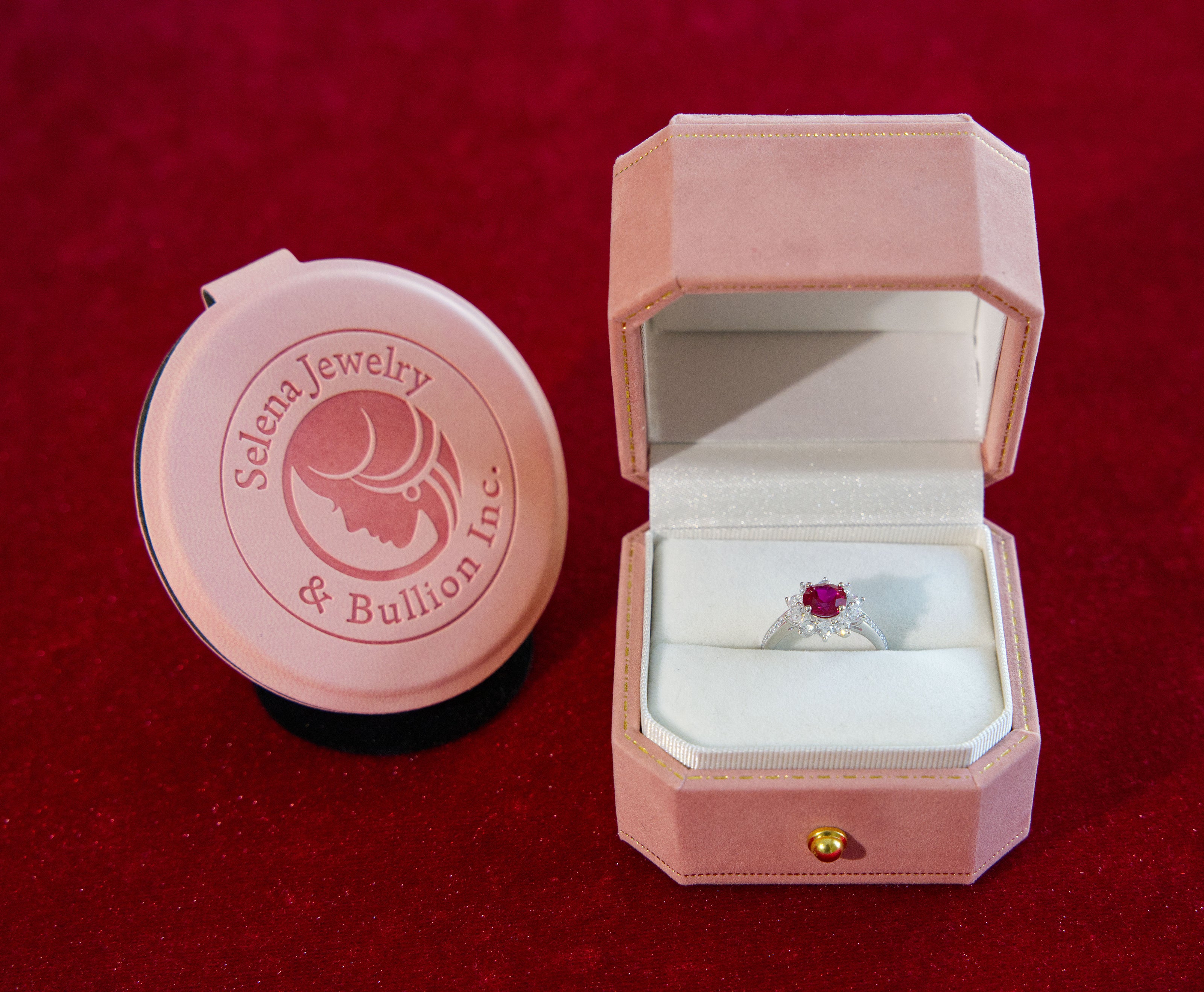 Selena Jewelry Bullion - Fontainebleau 1.5cts Round Lab Grown Ruby Sunburst Halo Open Ring