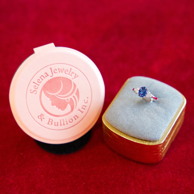 Selena Jewelry Bullion - Chambord 1.5 Carats Lab Grown Royal Blue Sapphire Oval Milgrain Three-Stone Ring