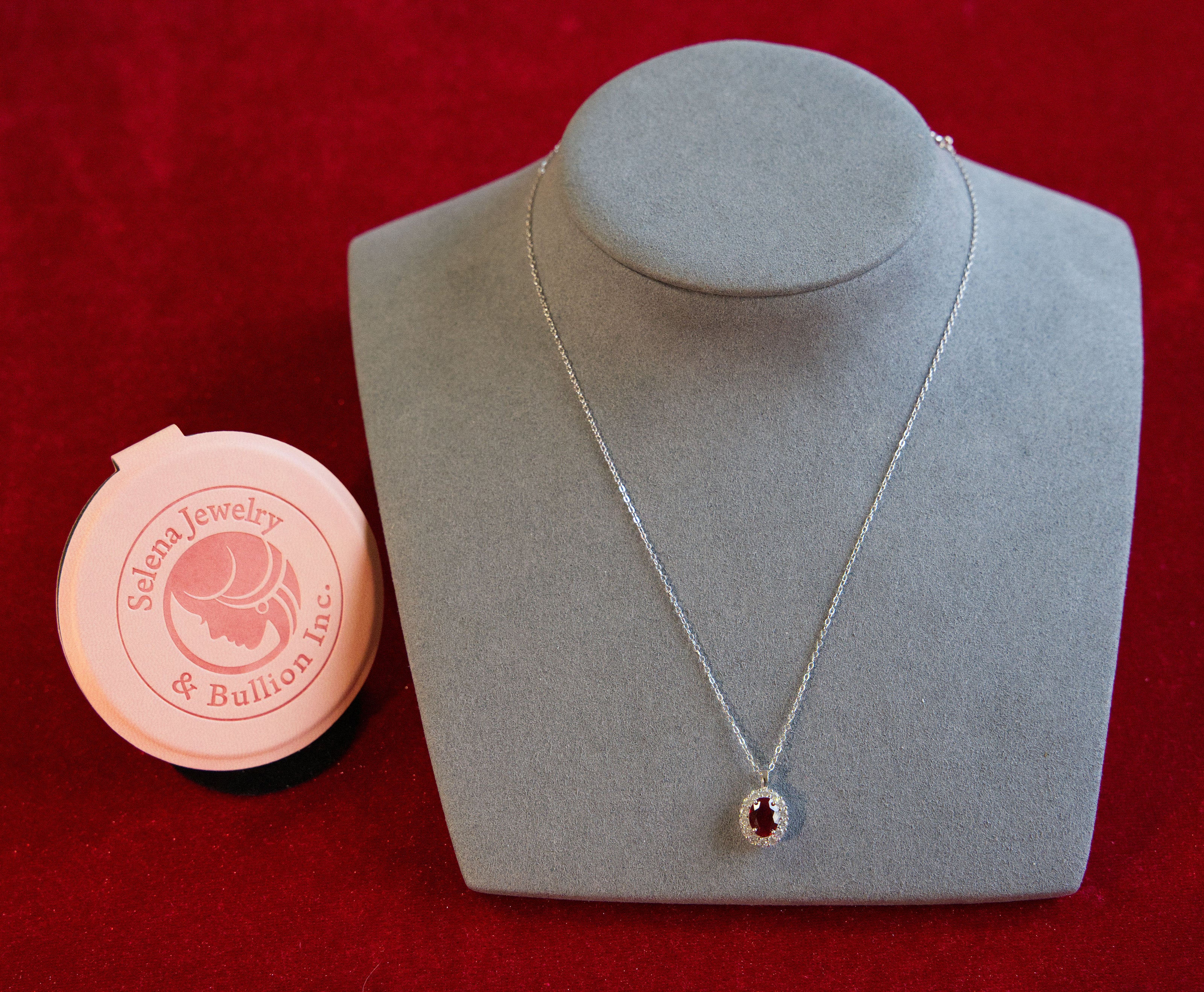Selena Jewelry Bullion - Compiegne 2 Carats Lab Grown Ruby Oval Halo Pendant Necklace