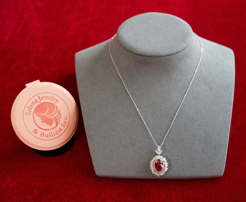 Selena Jewelry Bullion - Neuschwanstein 4cts Lab Grown Ruby Oval Kite-Cut Halo Pendant Necklace