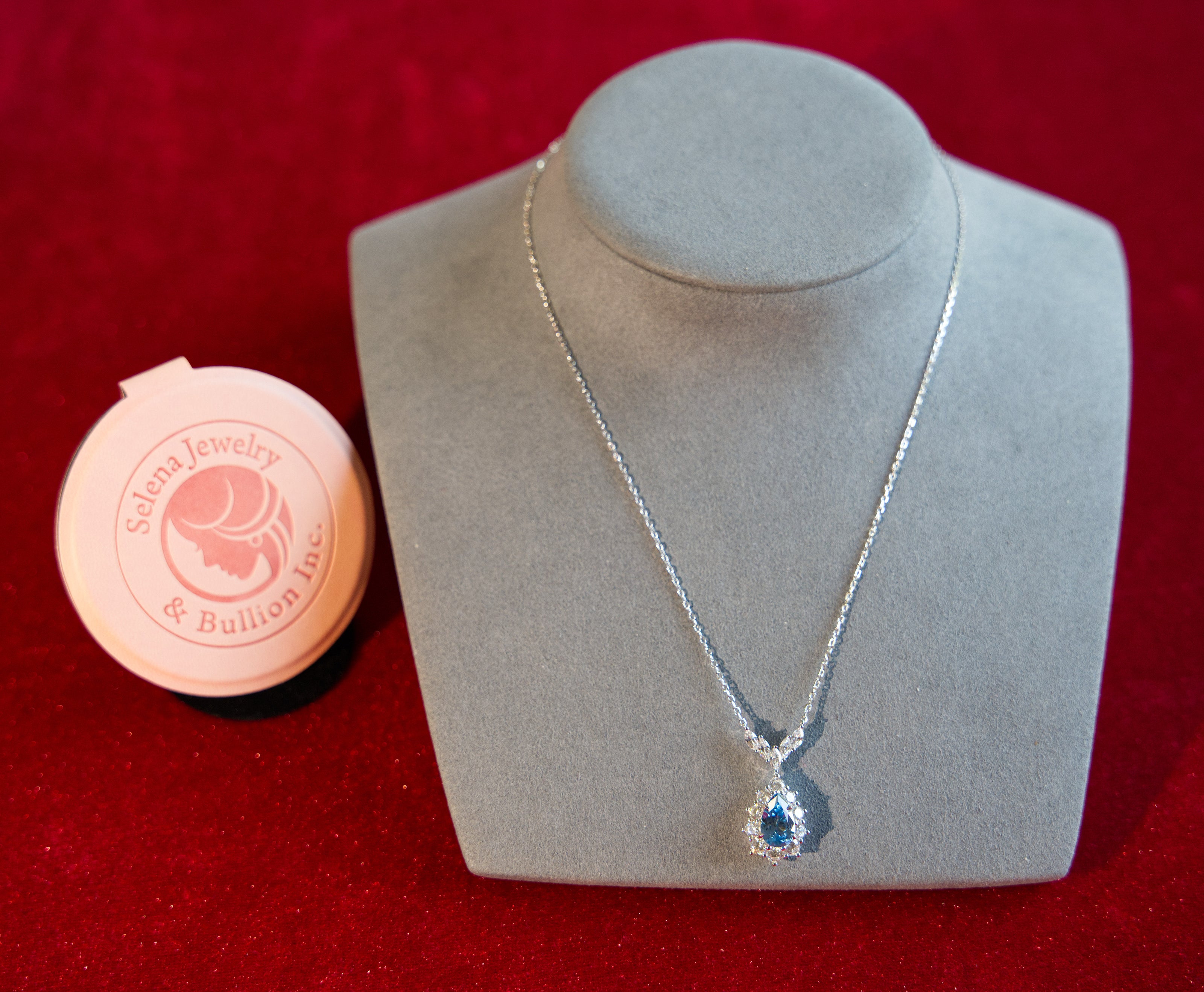 Selena Jewelry Bullion - Fontainebleau 3cts Lab Grown London Blue Spinel Pear Floral Halo Pendant Necklace