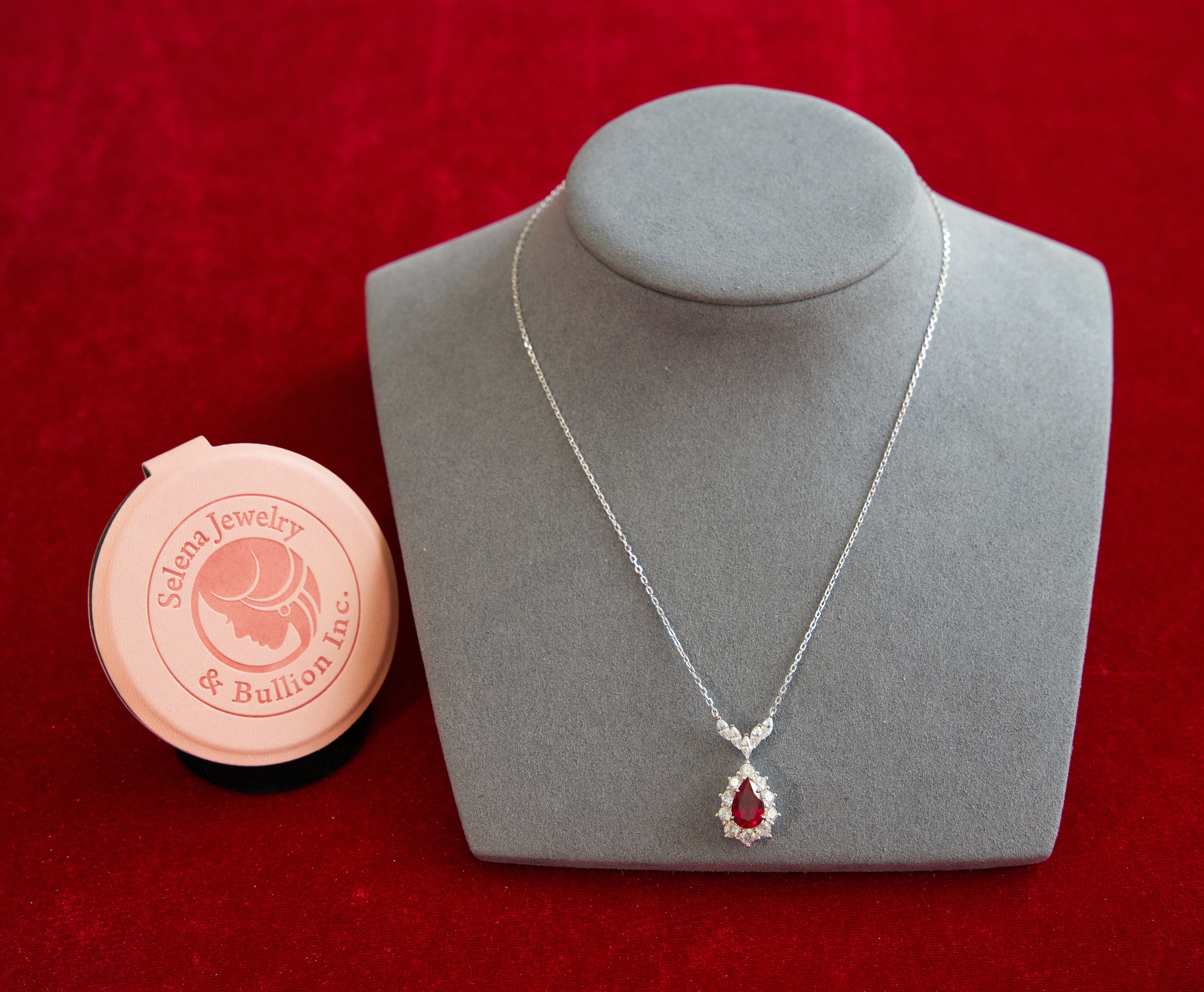 Selena Jewelry Bullion - Fontainebleau 3cts Lab Grown Ruby Pear Sunburst Halo Pendant Necklace