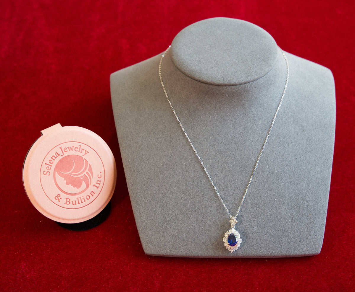 Selena Jewelry Bullion - Neuschwanstein 2cts Lab Grown Royal Blue Sapphire Oval Halo Pendant Necklace