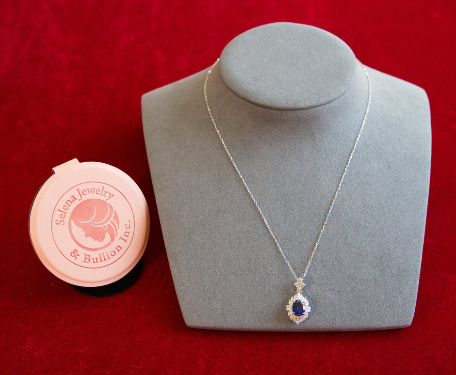 Selena Jewelry Bullion - Neuschwanstein 2cts Lab Grown Royal Blue Sapphire Oval Halo Pendant Necklace