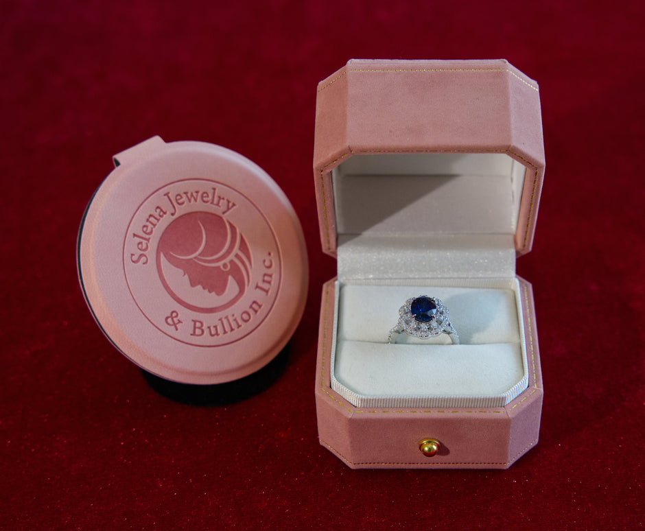 Selena Jewelry Bullion - Versailles 2cts Oval Lab Grown Royal Blue Sapphire Double Floral Halo Ring