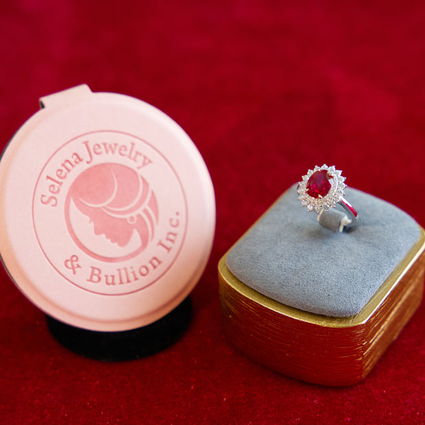 Selena Jewelry Bullion - Fontainebleau 2 carats Lab Grown Ruby Oval Sunburst Halo Ring
