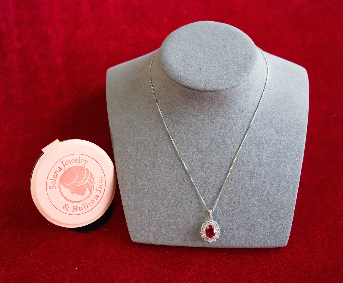 Selena Jewelry Bullion - Compiegne 2 Carats Lab Grown Ruby Oval Floral Halo Pendant Necklace