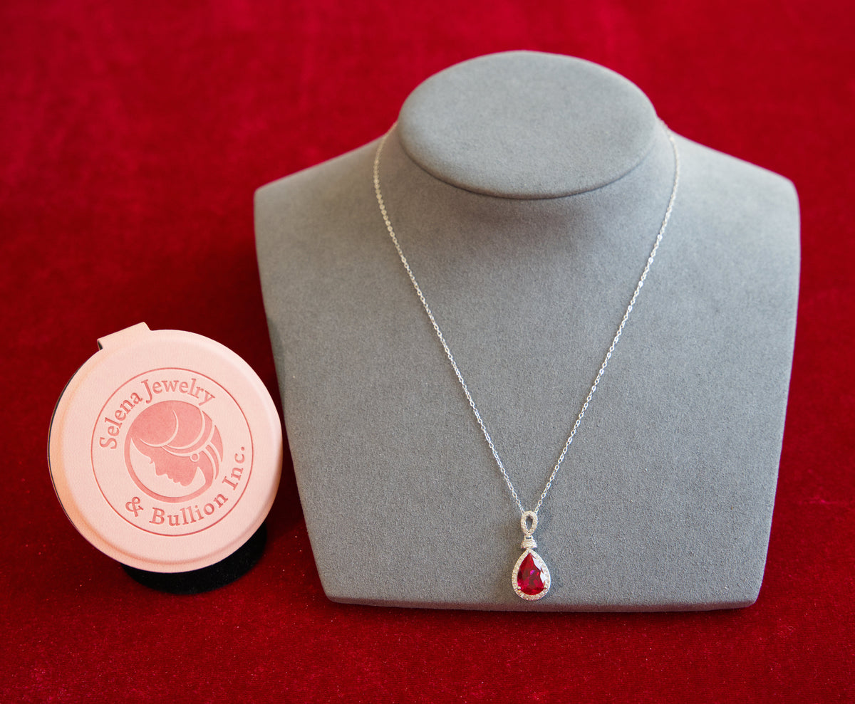 Selena Jewelry Bullion - Chambord 3.42ct Lab Grown Ruby Pear Double Halo Pendant Necklace