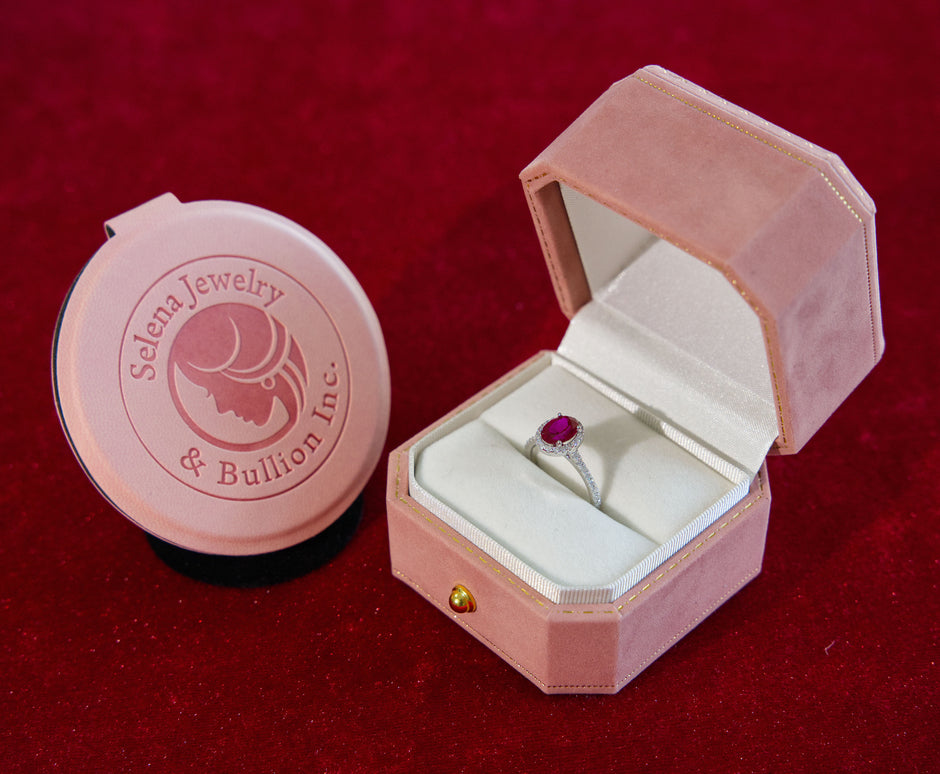 Selena Jewelry Bullion - Compiegne 1.5ct Oval Lab Grown Ruby Halo Pave Band Ring