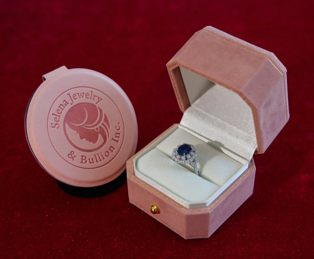 Selena Jewelry Bullion - Versailles 2cts Oval Lab Grown Royal Blue Sapphire Double Floral Halo Ring