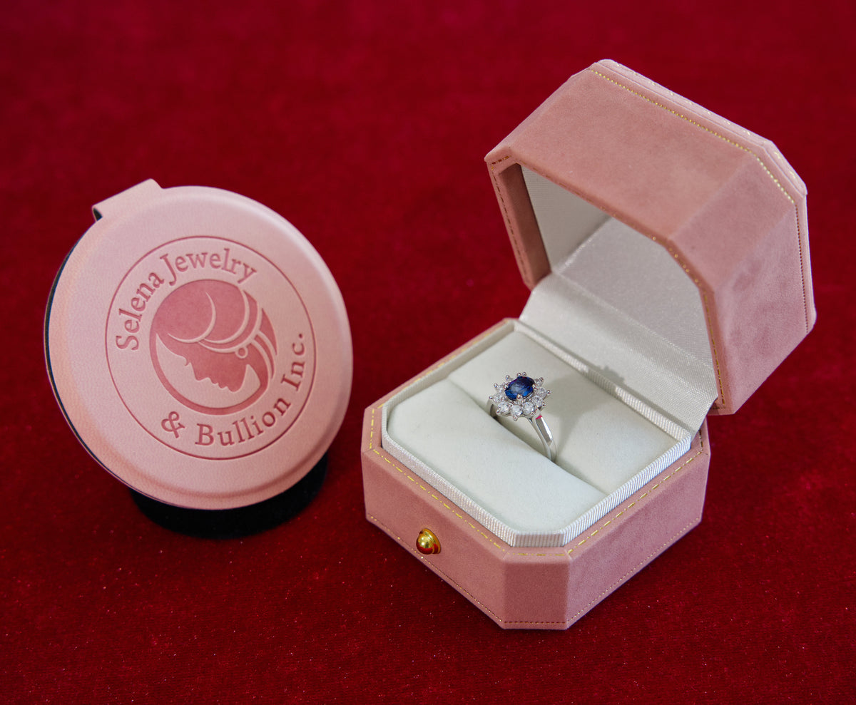 Selena Jewelry Bullion - Fontainebleau 1ct Lab Grown Royal Blue Sapphire Sunburst Halo Open Ring