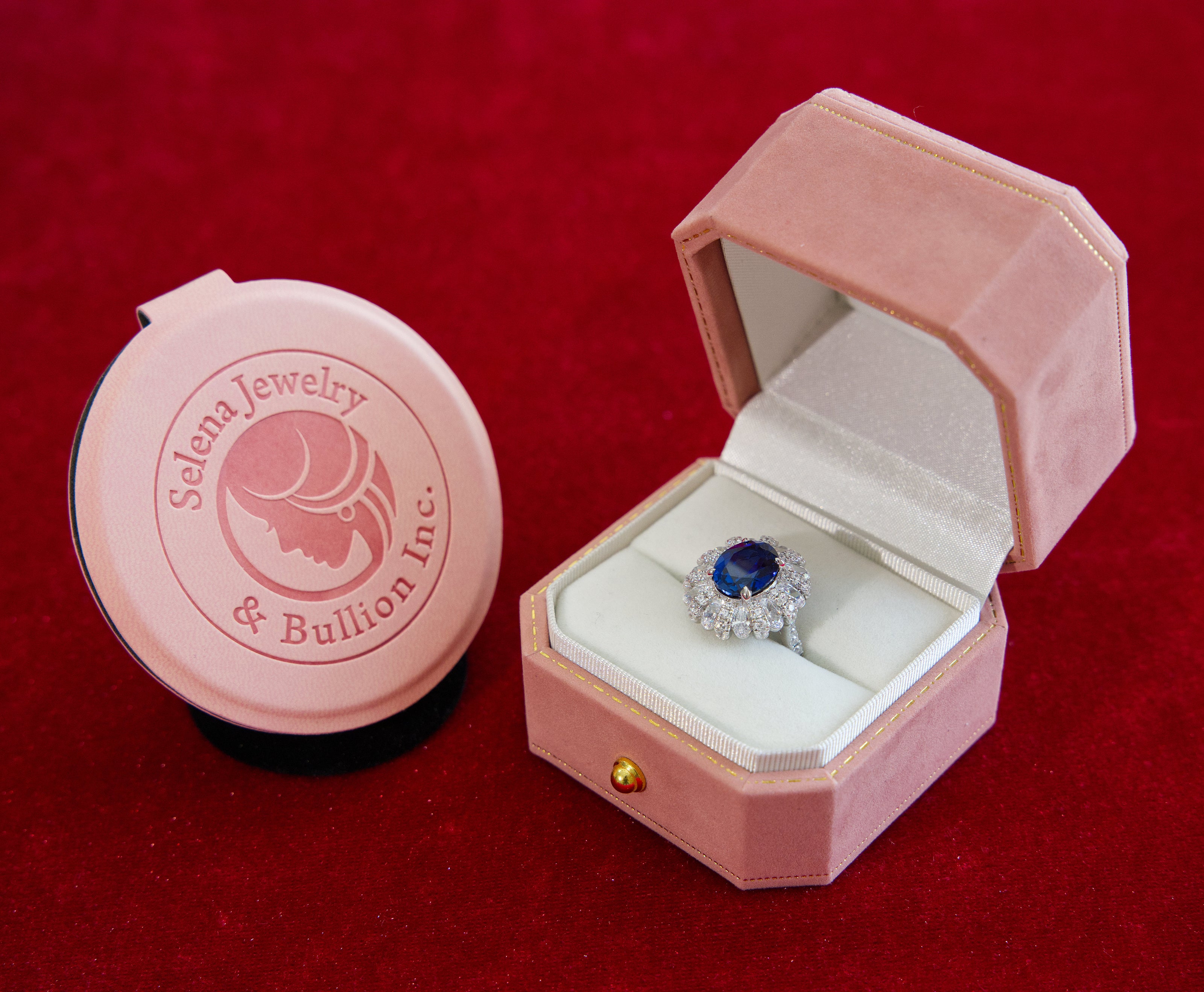Selena Jewelry Bullion - Hofburg 5cts Lab Grown Royal Blue Sapphire Oval Floral Bloom Halo Ring