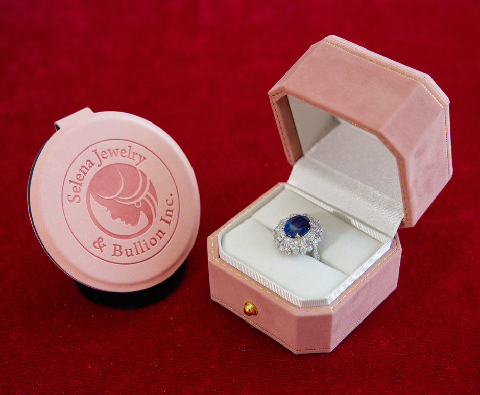 Selena Jewelry Bullion - Hofburg 5cts Lab Grown Royal Blue Sapphire Oval Floral Bloom Halo Ring