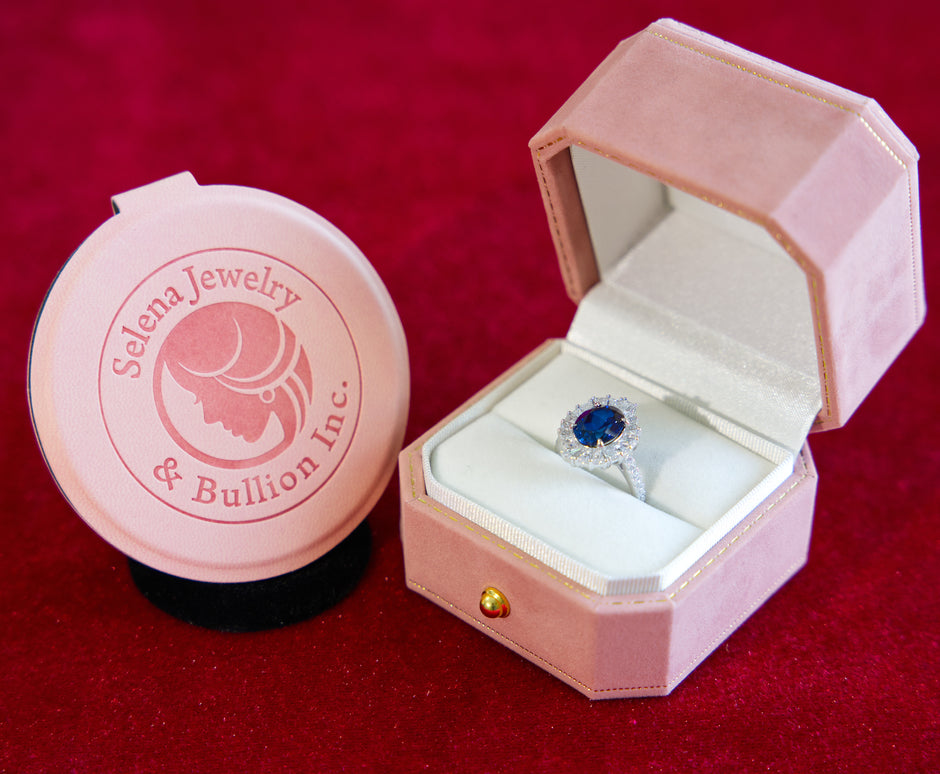 Selena Jewelry Bullion - Linderhof 3 cts Lab Grown Royal Blue Sapphire Oval Sunburst Halo Ring