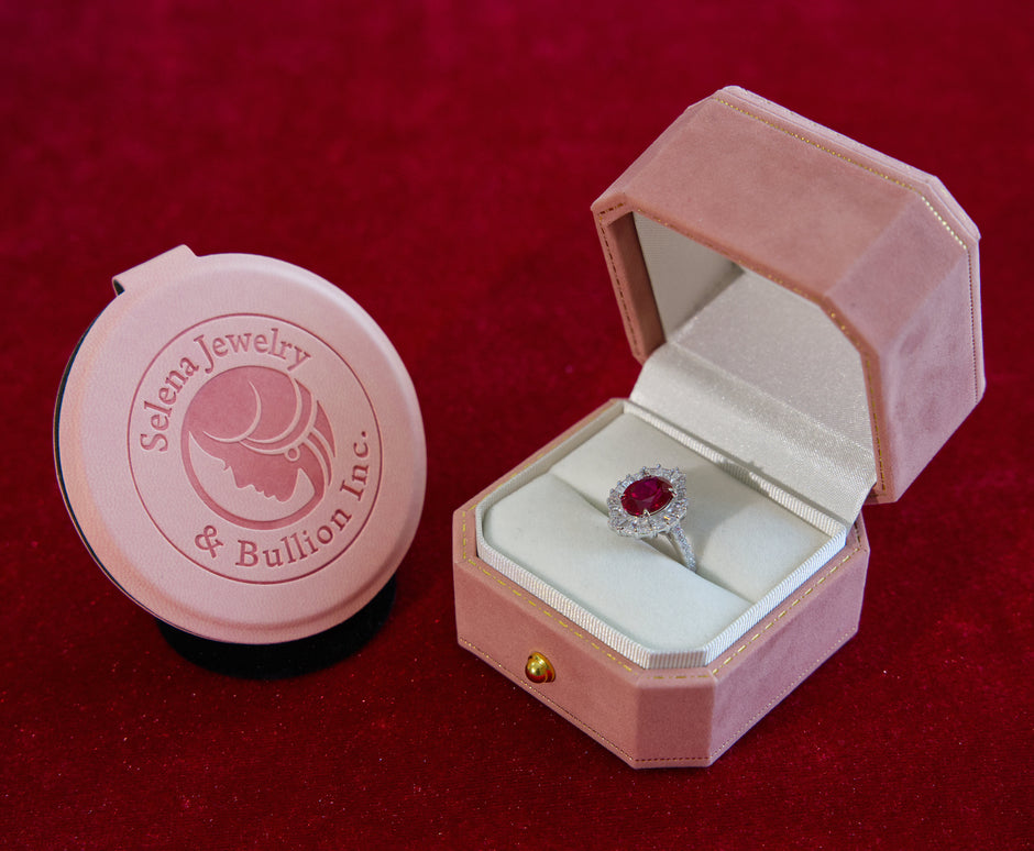 Selena Jewelry Bullion - Linderhof 3cts Lab Grown Ruby Oval Sunburst Halo Ring