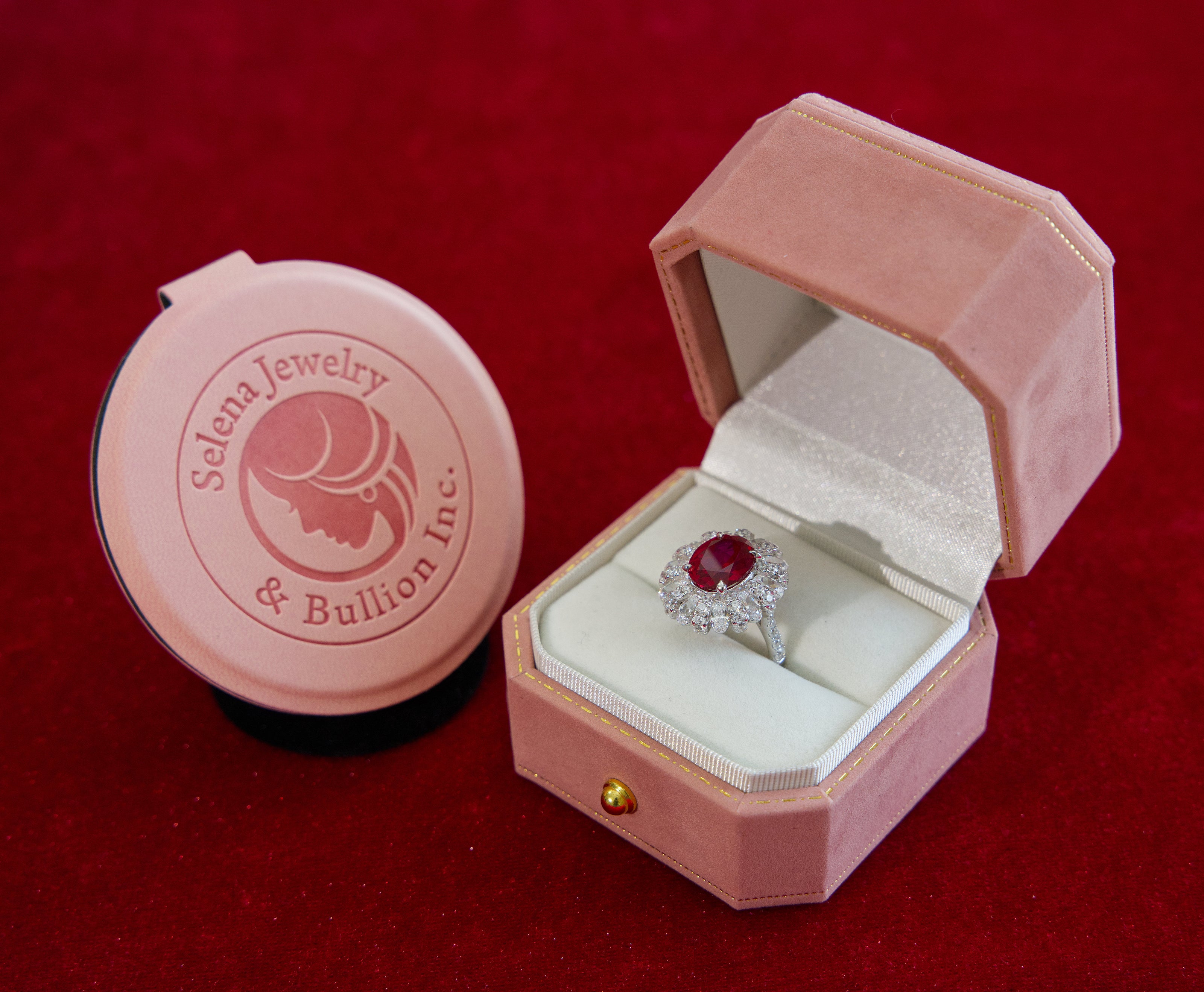 Selena Jewelry Bullion - Hofburg 5cts Lab Grown Ruby Oval Floral Bloom Halo Ring