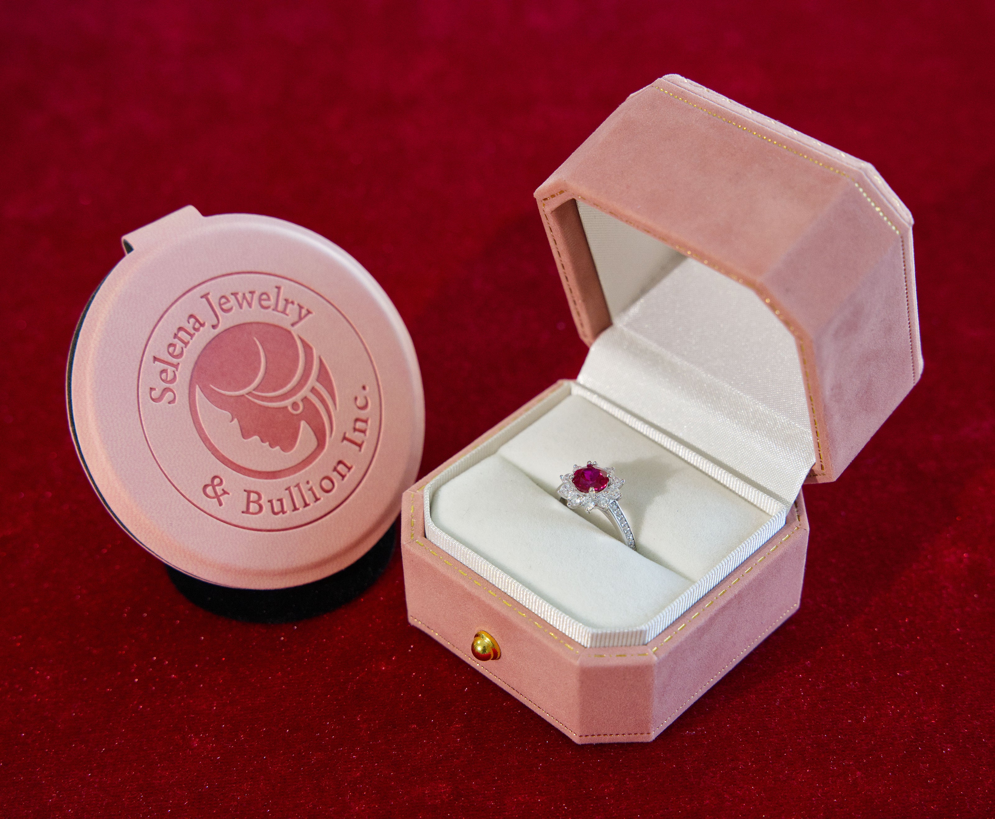 Selena Jewelry Bullion - Fontainebleau 1.5cts Round Lab Grown Ruby Sunburst Halo Open Ring